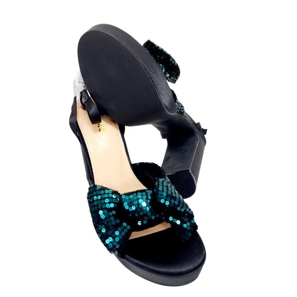 Amoji Womens Sequin Bow High Heel Sandals Black/Green Size 38 /US 8 - Picture 8 of 16